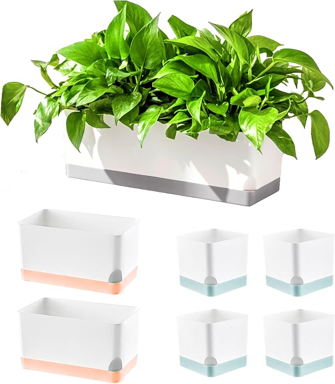 LaLaGreen Planters for Indoor Plants (7 Pack) Assorted Color Window Boxes, Rectangular Self-Watering System Long Windowsill Plant Pots with Drainage Herb Garden Flower Box Modern Stylish Outdoor