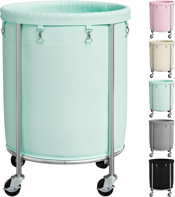 ELYKEN Laundry Basket with Wheels, Round Rolling Laundry Hamper, Mint Green