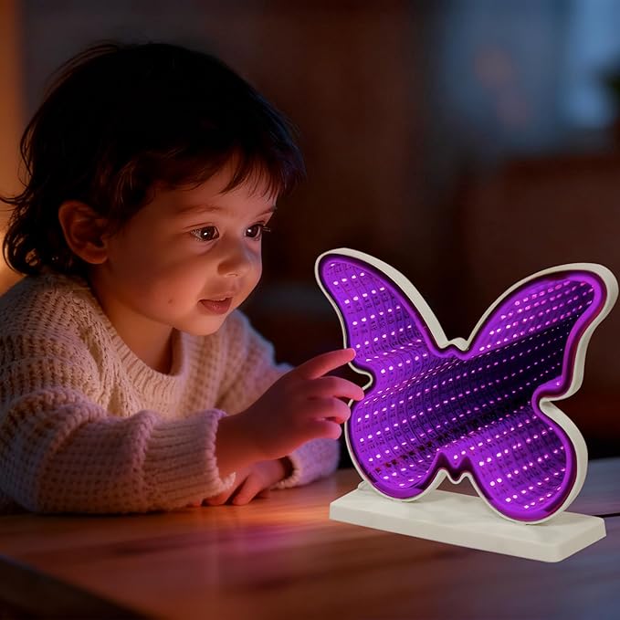 Butterfly Infinity Mirror Light, 3D LED Infinity Mirror Night Light with Endless Tunnel Effect, USB Powered 3D LED Lights for Kids Bedroom, Whimsical Garden Gift for Teens & Girls, 10.2"x7.7"