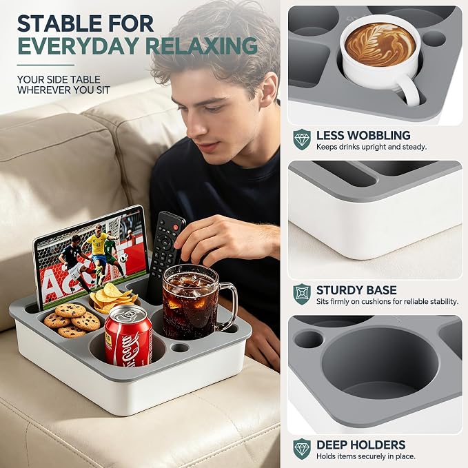 Couch Cup Holder, Anti-Spill Couch Caddy for Sofa and Bed, White-Gray