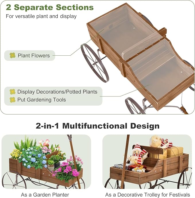 Wooden Wagon Planter, Decorative Flower Pots w/ 2 Planting Sections, Wheels & Handle, Rustic Farmhouse Garden Planter Box for Patio, Yard, Porch (Walnut)