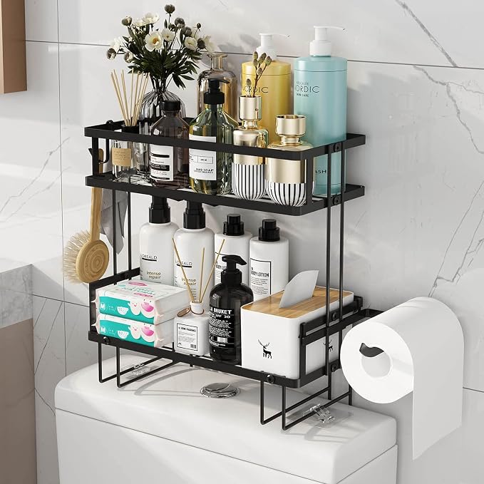 Godboat 2-Tier Over Toilet Storage Shelf, Wall-Mount with 2 Hook/Paper Rack