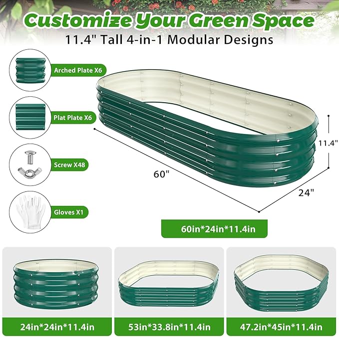 Oval Raised Garden Bed, 5 x 2 x 1FT, Galvanized Steel Planter Box with Wave-Shaped Metal Panels Painted for Outdoor Flower,Tree,Herb & Vegetable Garden (Green, 60X24X12 inches)