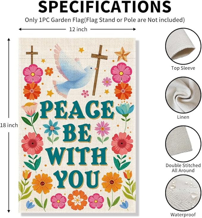 Peace Be With You Garden Flag, Floral Jesus Christian Cross Flag, Equality Inclusion Kindness Sign, Inspirational Spring Summer Home Holiday Party Outdoor Decor for Dove of Peace Lovers Gifts