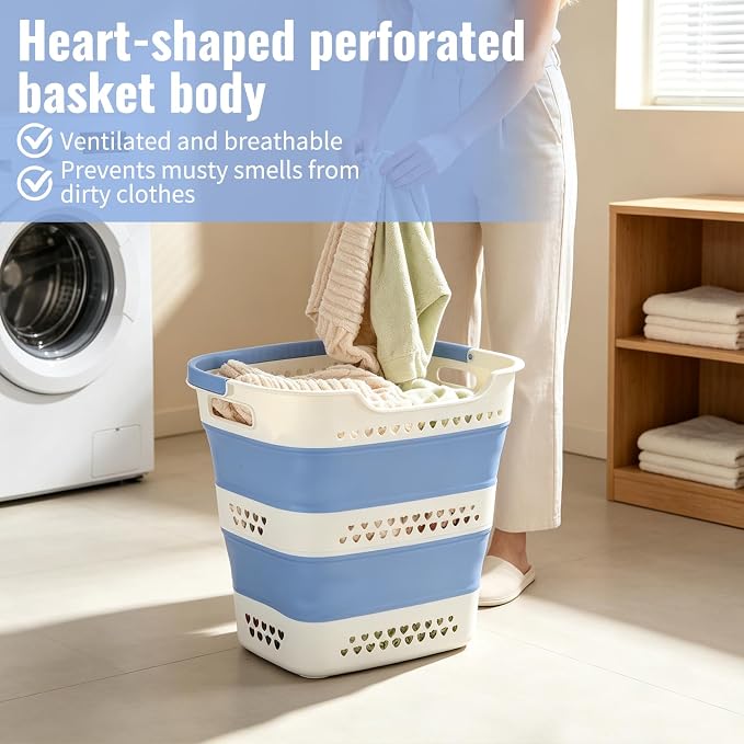 2 Pcs Collapsible Laundry Baskets for Clothes, 43L Plastic Laundry Hamper for Dorm Bedroom, Space Saving Pop-Up Laundry Hamper Container, Durable Foldable Laundry Basket with Handles (Lake-Blue)