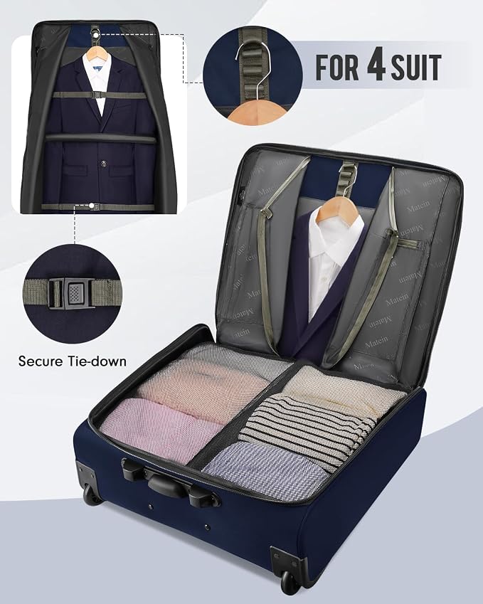 MATEIN Rolling Garment Bags for Travel, Large 2-Wheeled Suit Carrier, Blue