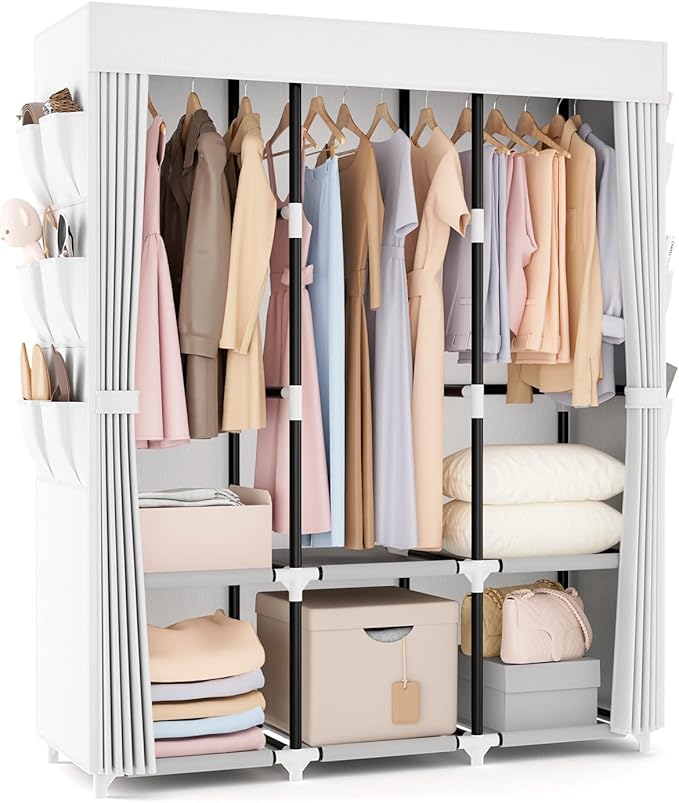 VTRIN Portable Closet Wardrobe for Hanging Clothes Closet with Cover, 3 Hanging rods, 6 Storage Shelves and Side Pocket, Diameter 19mm Metal Pipe, Sturdy Free Standing Closet for Bedroom, White