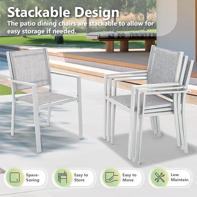Patio Dining Chairs, All-Weather Textilene Outdoor Dining Chair Set of 4, Heavy-Duty Stackable Minimalist Outdoor Chairs with Armrest, Patio Chairs for Lawn Deck Pool, Grey and White