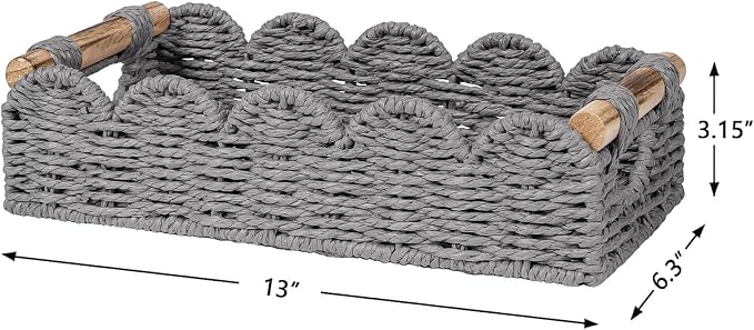 CubesLand Bathroom Basket Organizer, Toilet Tank Basket W/Cut Out Handle | Small Scalloped Wicker Toilet Paper Storage Basket for Bathroom Countertop Decorative Also for Home Decor, Living Room, Grey