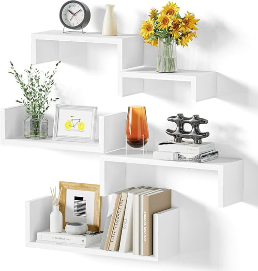 SRIWATANA White Floating Shelves, Set of 5 Solid Wood Wall Mounted Shelves | Sturdy Rustic Wall Organizers in 5-Piece Set; Space-Saving Wood Shelves to Create Custom Gallery Displays for Decor & Storage