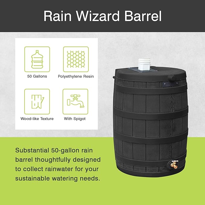 Good Ideas Rain Wizard 50 Gallon Plastic Rain Barrel, Black Bundled with 50 Foot Soaker Hose, Gradual Water Release to Plants, for 3/4" Spigots, Black