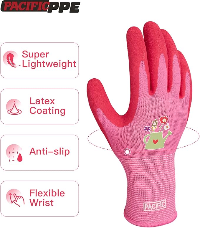PACIFIC PPE 3 Pairs Gardening Gloves for women, Latex Coated Garden Gloves, Breathable, Medium Size fits Most, Rose Red