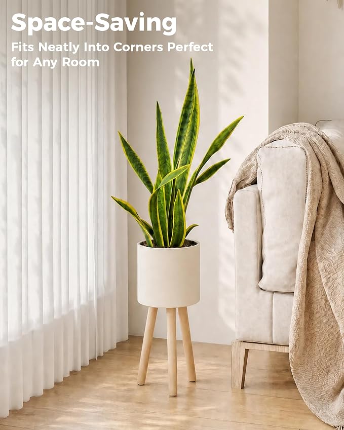 Bamworld Single Plant Holder for Indoor Plants Metal Planter Stand Wooden Leg White Plant Stand Indoor Flower Pot Stand 7in Plant Pot with Stand for Living Room Office Bedroom Decor Modern Home Decor Small