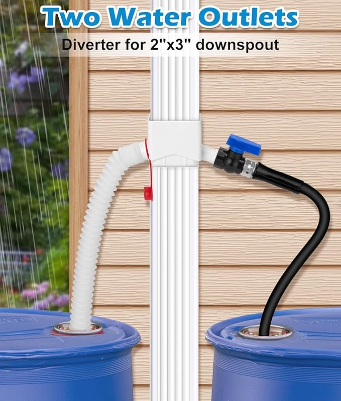 Downspout Diverter, WADEO Rain Barrel Diverter Fits for 2"x 3" Standard Downspout, Rainwater Collection System with Two Water Outlets to Collect Rainwater from Gutter, with 5FT Hose