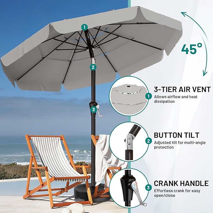 AreShark 9FT 3-Tiers Patio Umbrella with Valance, Outdoor Umbrellas with Crank/Tilt, Table Market Umbrella Vented w/ 8 Sturdy Ribs for Garden, Deck, Backyard, and Pool, Foggy Gray