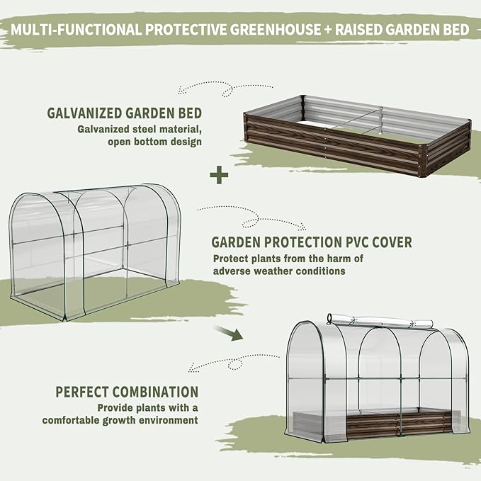 SUNYRISY Galvanized Raised Garden Bed with Greenhouse, Outdoor Metal Planter Box Kit with Bed Cover, Garden Box Protection for Gardening Vegetables Flowers Herbs Planting, Wood Grain