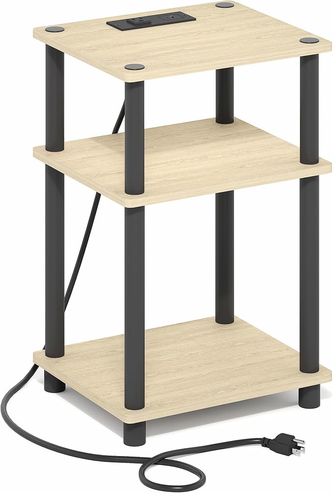 Furinno Just 3-Tier Night Stand with Charging Station, Natural Oak