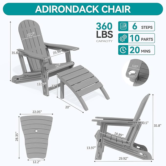 Vongrasig Adirondack Chairs Set of 2 with Removable Tabletop and Footrest, HDPE Plastic Outdoor Chair Set with Wooden Textured, Cup Holder for Patio, Poolside, Garden, Light Grey, 5 Pieces