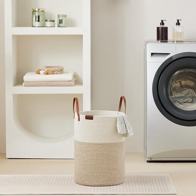 VIPOSCO 30L Small Woven Rope Laundry Hamper, Leather Handles, White & Brown | Baby Wicker Laundry Basket for Clothes, Blankets, Kids Toys, Towels, Storage Bin in Nursery, Bedroom, Bathroom, Living Room