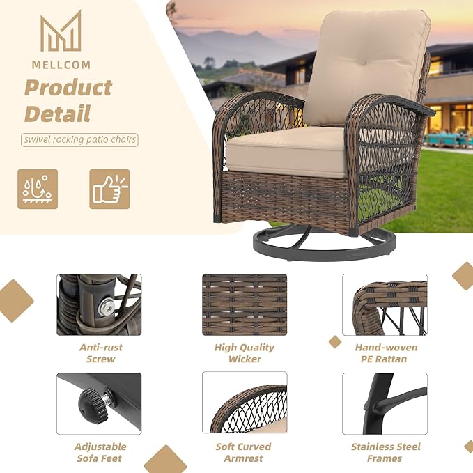 MELLCOM 3 Pieces Patio Furniture Set, Outdoor Swivel Rocker Patio Chairs, Wicker Patio Bistro Set with Rocking Chair, Thickened Cushions and Glass Coffee Table for Backyard, Garden, Khaki