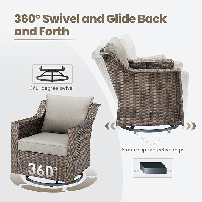 Outdoor Patio Table and Chairs Set - 3 Piece Outside Wicker Conversation Bistro Dining Furniture Sets with Rocking Swivel Chair and Glass Top End Tables for Front Porch Balcony Yard – Brown/Beige