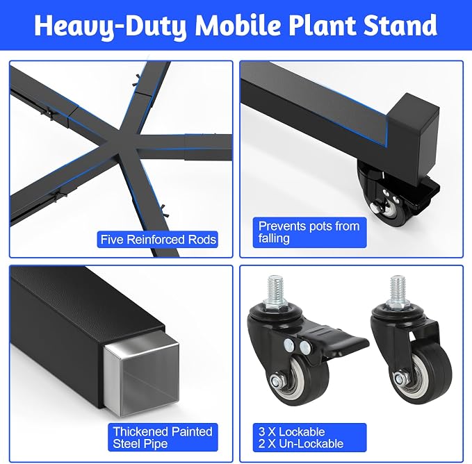Plant Caddy With Wheels, Adjustable 13in to 20inch Metal Plant Stand | Metal Heavy Duty Rolling Plant Dolly With 5 Wheels (3 Lockable) For Indoor Outdoor Large Pots Planter, Holds Up to 600 Lbs