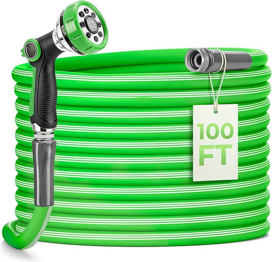 Garden Hose 100 Ft With 8-Pattern Spray Nozzle, 5/8" Lead-Free Flexible Water Hose With 3/4" Anodized Aircraft-Grade Aluminum Interface, Lightweight No-Kink Water Pipe For Lawn, Yard, Outdoor Cleaning