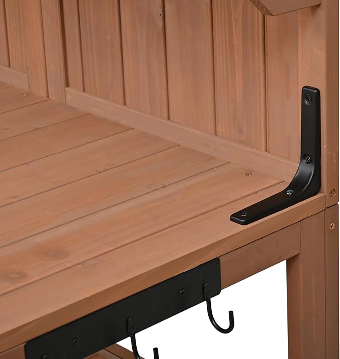 RUNNA Potting Bench with Hutch, 50.2" Solid Fir Wood Garden Workstation, Large Countertop, 2 Shelves, 2 Cabinets, 3 Side Hooks, Outdoor Planting Table for Gardening (Natural@080, 50.2-Inch)