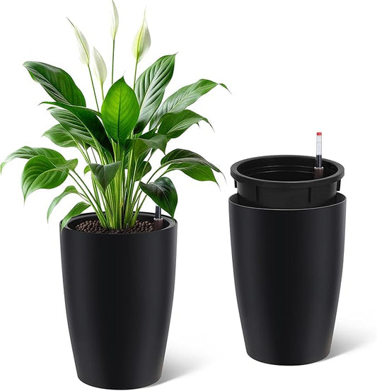16" Tall Round Planter Set of 2, Self Watering Pots, Large Planter for Indoor Outdoor Plants, Built-in Drainage and a Water Level Monitor, for Patio, Porch, Living Room, or Home Office, Black