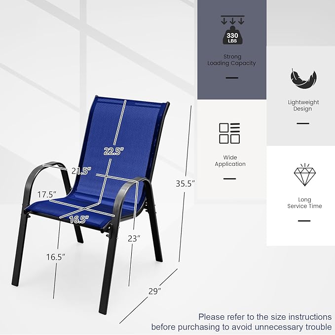 MEDIMALL Patio Chairs, Stackable Patio Chairs Set of 4, Blue Lawn Chairs with Armrest & Breathable Fabric for All Weather, Outdoor Dining Chairs for Yard, Poolside, Balcony, Garden