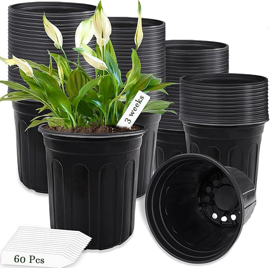 Qyyiguf 60 Pcs 1 Gallon Plant Nursery Pots,Plastic Pots with Drainage Holes,Garden Flower Container Seedling Pot with White Label for Planting,Cuttings,Transplanting,Home Garden(Black)