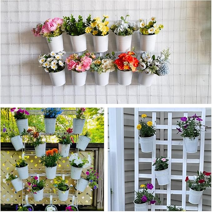 XZJMY 5 Pcs Hanging Flower Pots Metal Iron Bucket Planter Pot Metal Bucket Flower Holder with Hook Indoor Outdoor Decor for Railing Fence Balcony Garden (White)