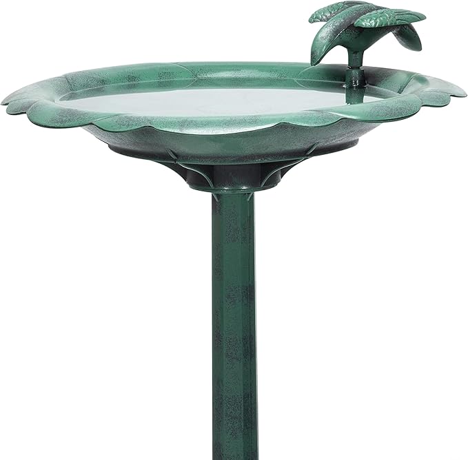 Alpine Corporation 31" Tall Outdoor Antique Flower Birdbath with Bird Decoration Yard Statue, Durable Polypropylene Construction for Patio, Deck, or Yard, Green