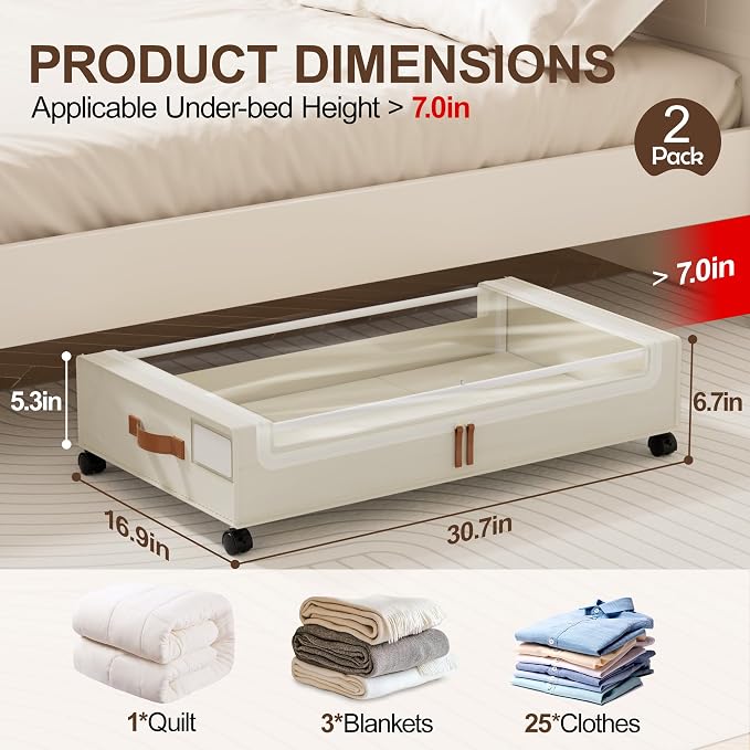 LAMU Under Bed Storage with Wheels, 2Pack Underbed Storage Containers,Beige