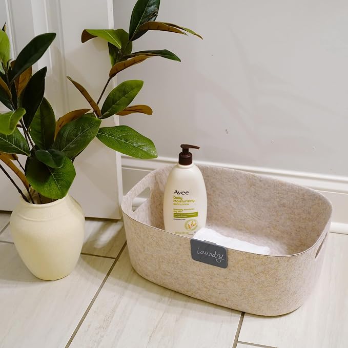 Welaxy Nordic Felt Storage Bin with Handles Beige Oatmeal Shelf Basket | Sustainable material soft yet sturdy,multi-purpose storage, sleek minimalist lifestyle