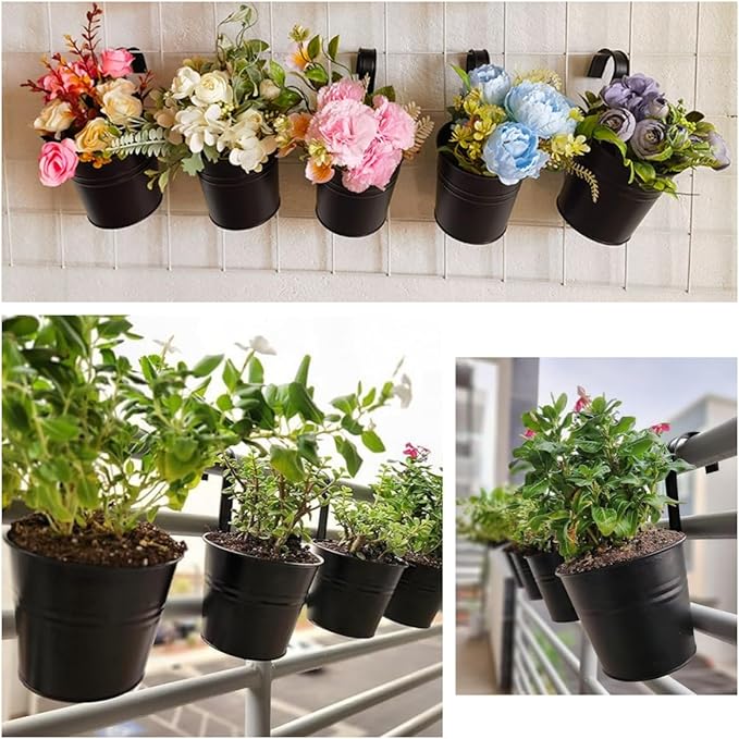 XZJMY 5 Pcs Hanging Flower Pots Metal Iron Bucket Planter Pot Metal Bucket Flower Holder with Hook Indoor Outdoor Decor for Railing Fence Balcony Garden (Black)