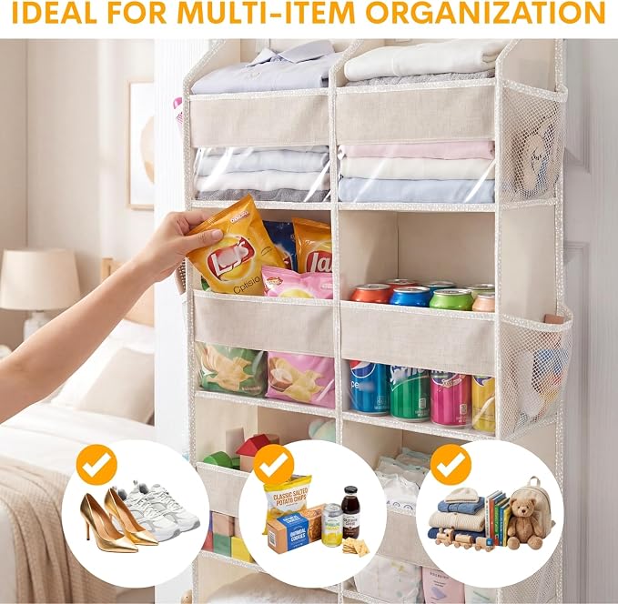 2 Pack Over The Door Organizer 6 Tiers, Extra Large Behind Door Storage of 12 Compartments, 80 lbs Weight Capacity Hanging Storage Organizer with Clear Window Kids Toys,Shoes (6 Tiers - Beige)