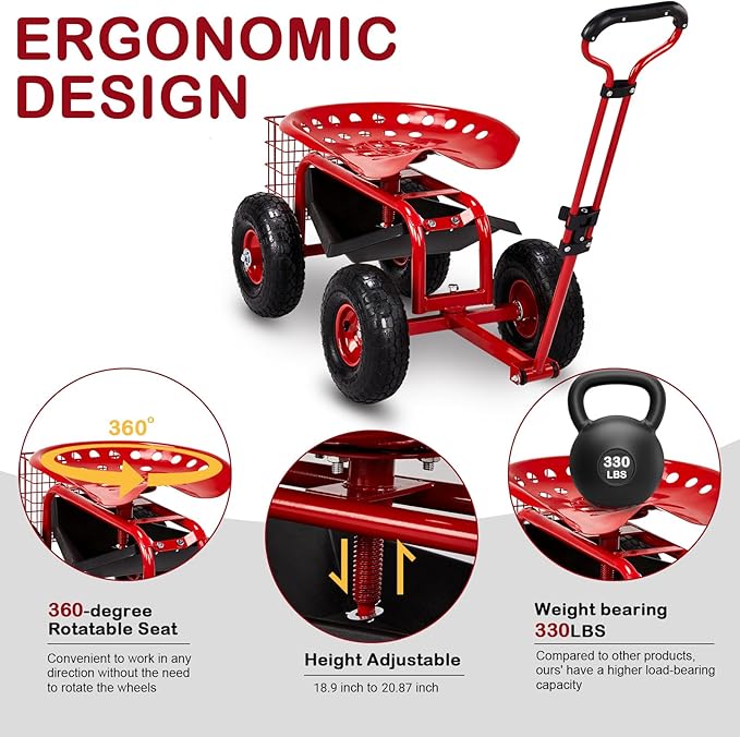 VINGLI Garden Cart with Rolling Seat, Wheels, Adjustable Steering Handle & Utility Tool Tray, Planting Wagon Scooter, Gardening Tool for Senior, for Patio, Backyard, Lawn & Outdoor (red)