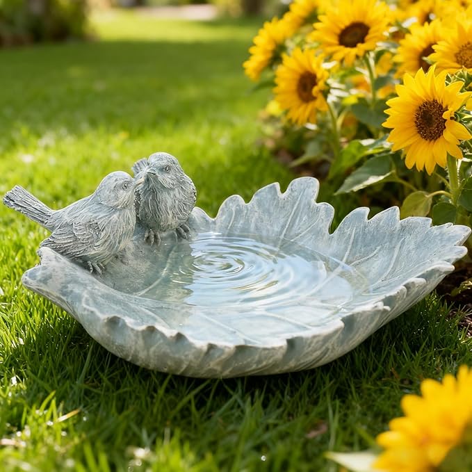 Bird Bath Bowl Outdoor Resin Stone Small Bird Bath and Bird Water Feeder for Outside with Cute Statue Patio Deck Balcony Ground Garden Decorations Birdfeeder Backyard Porch Decor