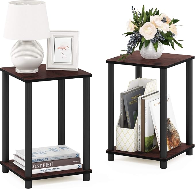 Furinno Turn-N-Tube Toolless 2-Tier Side Table Set of 2, Cherry Oak
