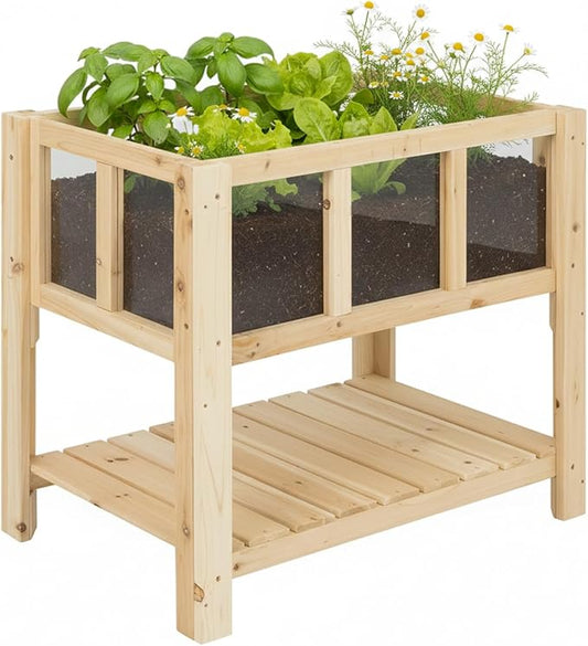 ketive Raised Garden Bed with Transparent Acrylic Side Panels, Elevated Wooden Planter Box with Shelf for Vegetables, Herbs & Flowers,Outdoor Raised Garden Planter for Patio, Balcony & Backyard