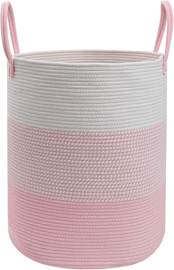 55L Pink Large Woven Laundry Basket, Clothes Hamper with Handles