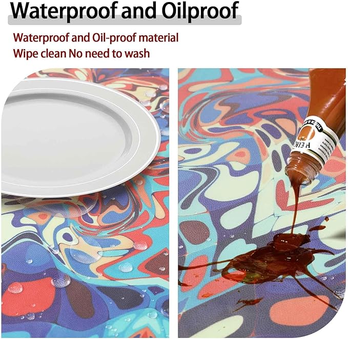 Round Tablecloth Waterproof Boho Fitted Vinyl Table Cloth Summer Fall Outdoor Circle Cover for 36-44" Tables Kitchen Dining Apartment Essentials Camping Picnic Party Decor Housewarming Gifts