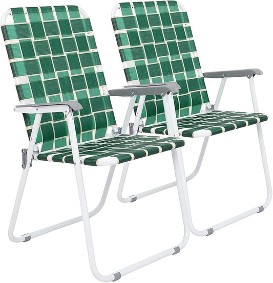 VINGLI Patio Lawn Webbed Folding Chairs Set of 2, Outdoor Beach Chair Portable Dining Chair for Outdoor Yard, Garden (Dark Green, Classic)