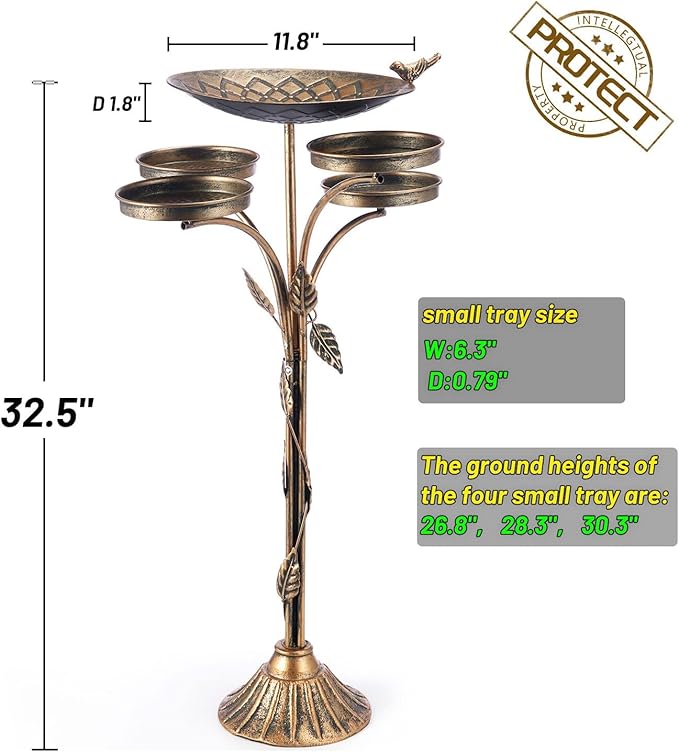 HOUYANG 33.5 "H Metal Bird Bath for Outside with 4-Bird Feeder & Cast Iron Base, BirdBaths for Outdoors,Garden Patio Decor for Yard