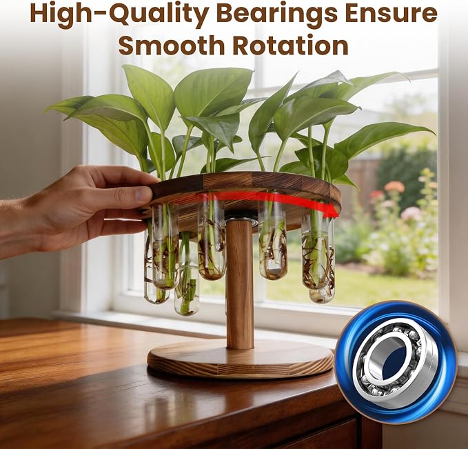 Plant Propagation Station, Plant Terrarium with Wooden Stand, 9 Tube Vases | Retro Rotation Plant Stand for Hydroponics Home Garden Office Decor, Unique Gardening Birthday Gifts for Women Plants Lovers