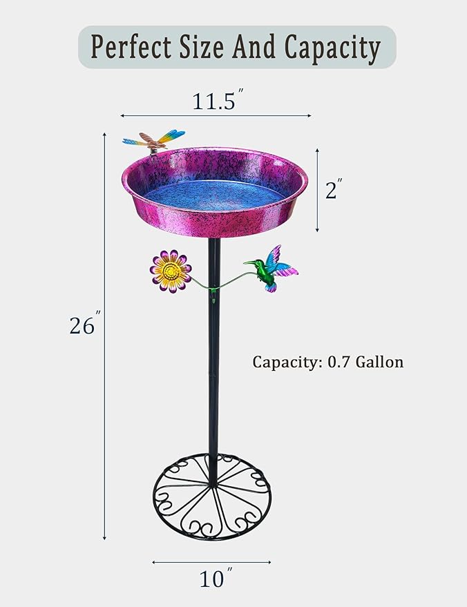 Pedestal Bird Bath for Outdoors - Metallic Purple & Blue 11.5” Metal Birdbath Bowl & Feeder Freestanding Garden Decor Yard Art (26” Tall, 0.7 Gallon)