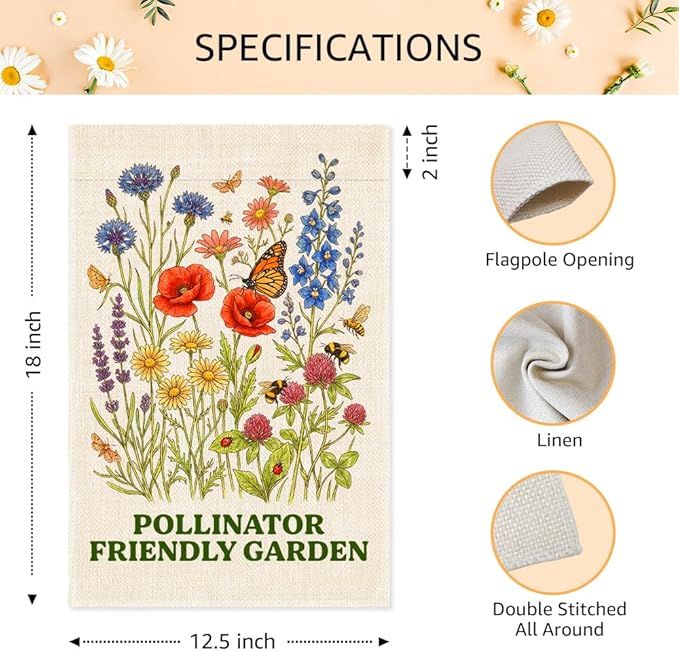 Pollinator Friendly Garden Flags for Outside, Spring Pollinator Garden Flag, Butterfly Floral House Banner for Nature Lover, Flower Yard Sign Front Porch Decor, Housewarming Gifts for Family