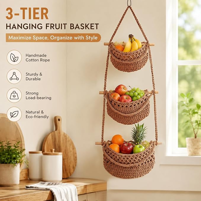 3 Tier Hanging Fruit Basket, Wall Hanging Vegetable Produce Storage Basket Cotton Woven Organizer, BOHO Wall Hanging Basket for Kitchen, Bathroom, Multi Tier Wall Produce Holder