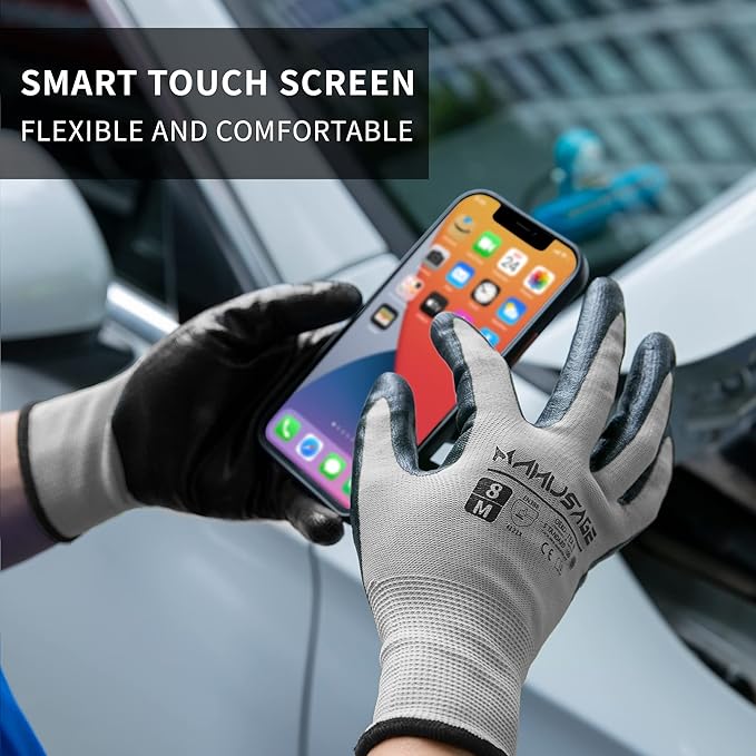 MANUSAGE Safety Work Gloves Nitrile For Men and Women, with Touchscreen Fingers, Men's Work Gloves with Grip, Mechanics Gloves (Size-M, Grey, 6 Pairs)